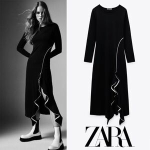 Zara NWOT Black Ruffle Split Long Sleevev Bodycon Midi Dress S